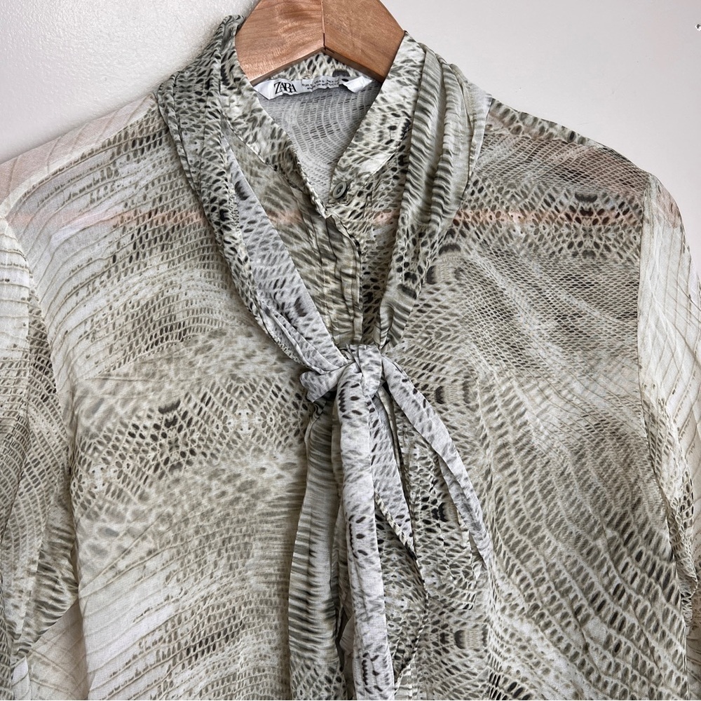 Zara Sheer Snake Print Blouse with Removable Tie Neck Size Small EUC - Picture 2 of 5